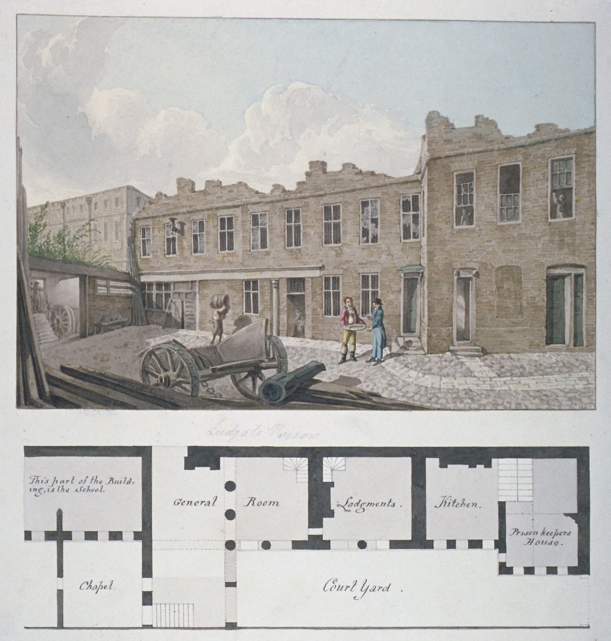 Ludgaten vankila, jonka alla on suunnitelma London Workhousesta, Bishopsgate, Lontoon kaupunki, 1818 tekijältä Robert Blemmell Schnebbelie