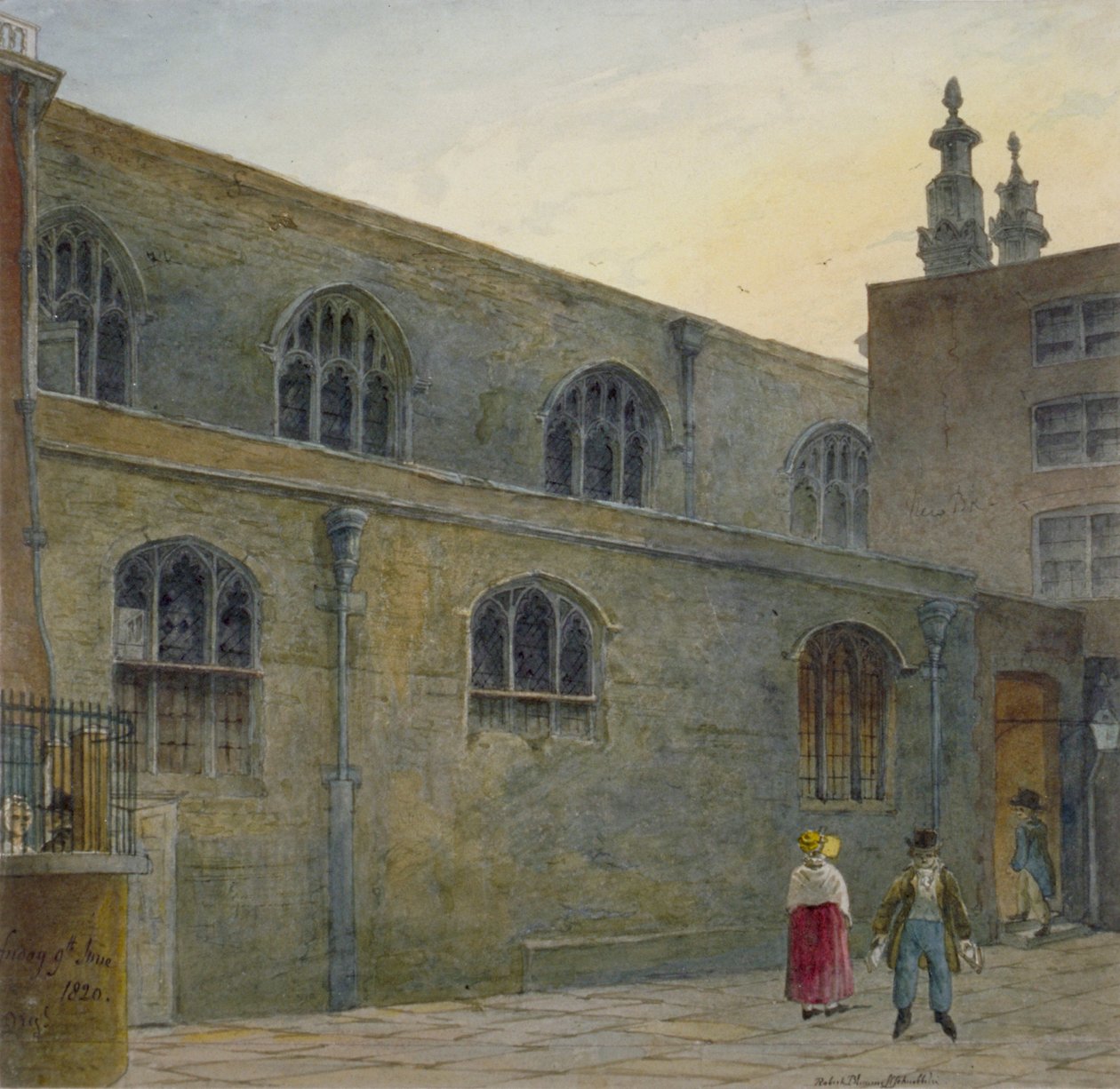 Guildhallin kappelin pohjoispuoli, joka näyttää sisäänkäynnin Cutthroat Alleylle, Lontoon City, 1820 tekijältä Robert Blemmell Schnebbelie