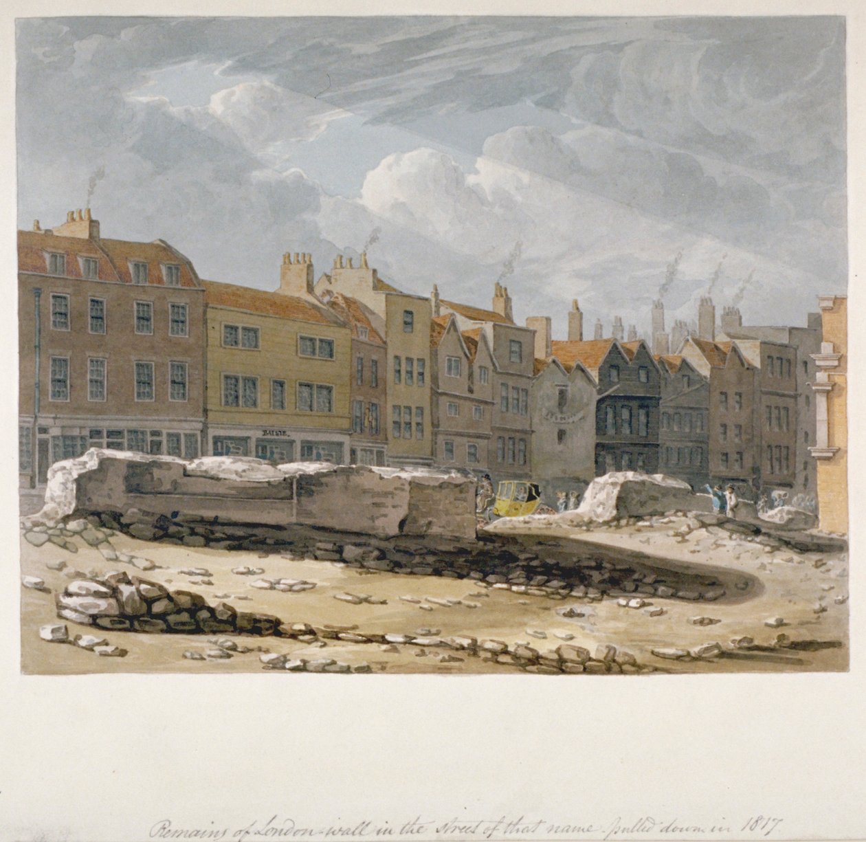 Lontoon muurin rauniot, jotka purettiin vuonna 1817, City of London, 1817 tekijältä Robert Blemmell Schnebbelie
