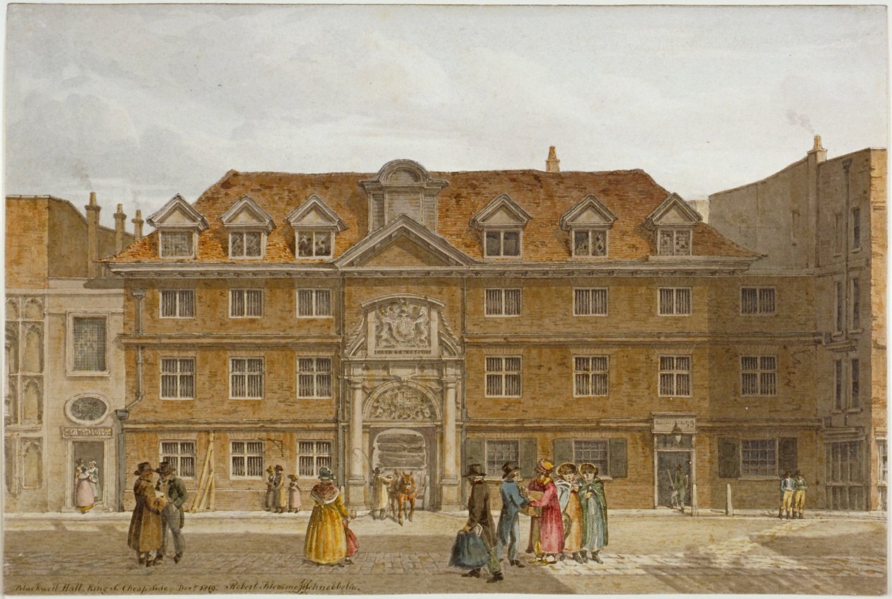 Näkymä Blackwell Hallista King Streetillä, Lontoon Cityssä, 1819. tekijältä Robert Blemmell Schnebbelie