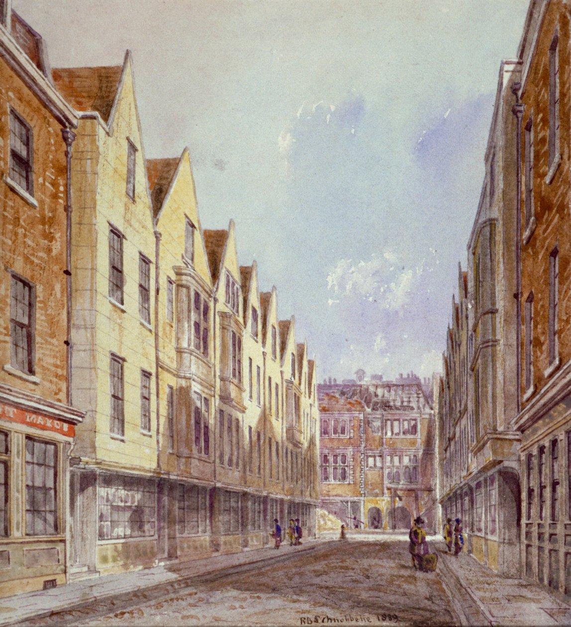 Näkymä Great Winchester Streetille, jossa Winchester Place näkyy kaukaa, Lontoo, 1839. tekijältä Robert Blemmell Schnebbelie