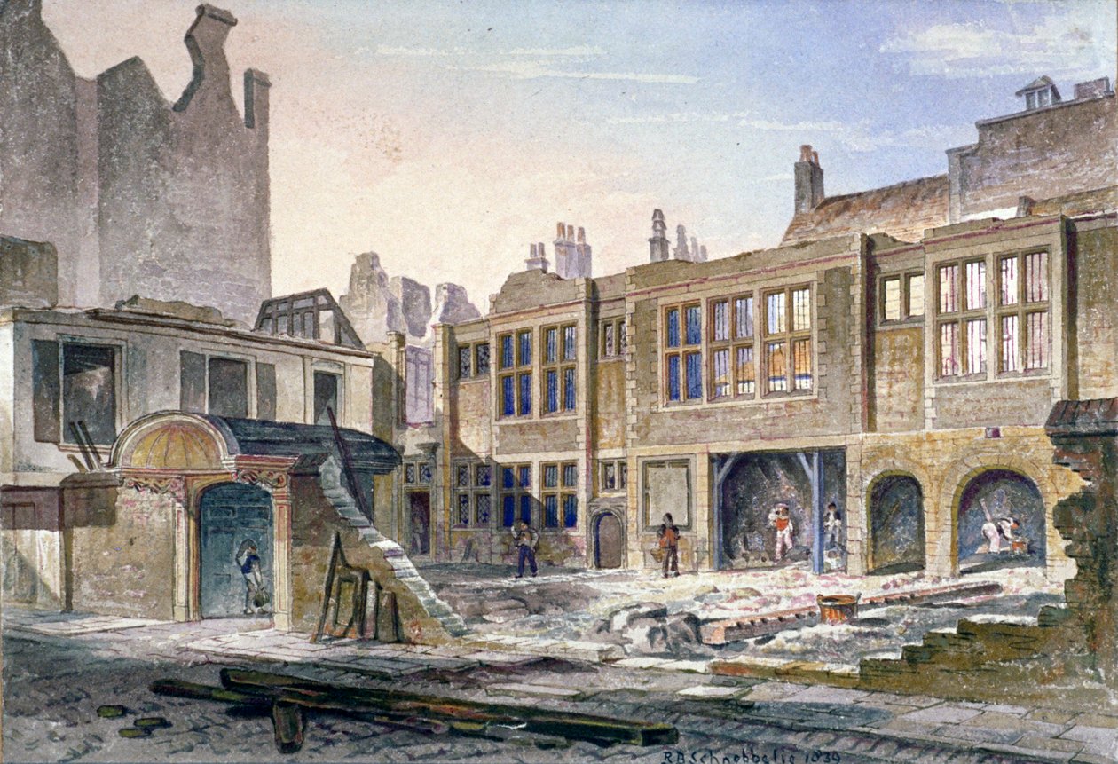 Näkymä Winchester Placen purkamisesta Lontoossa, 1839 tekijältä Robert Blemmell Schnebbelie