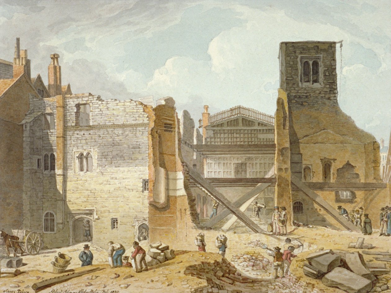 Näkymä Savoyn palatsin purkamisesta, Westminster, Lontoo, 1820 tekijältä Robert Blemmell Schnebbelie