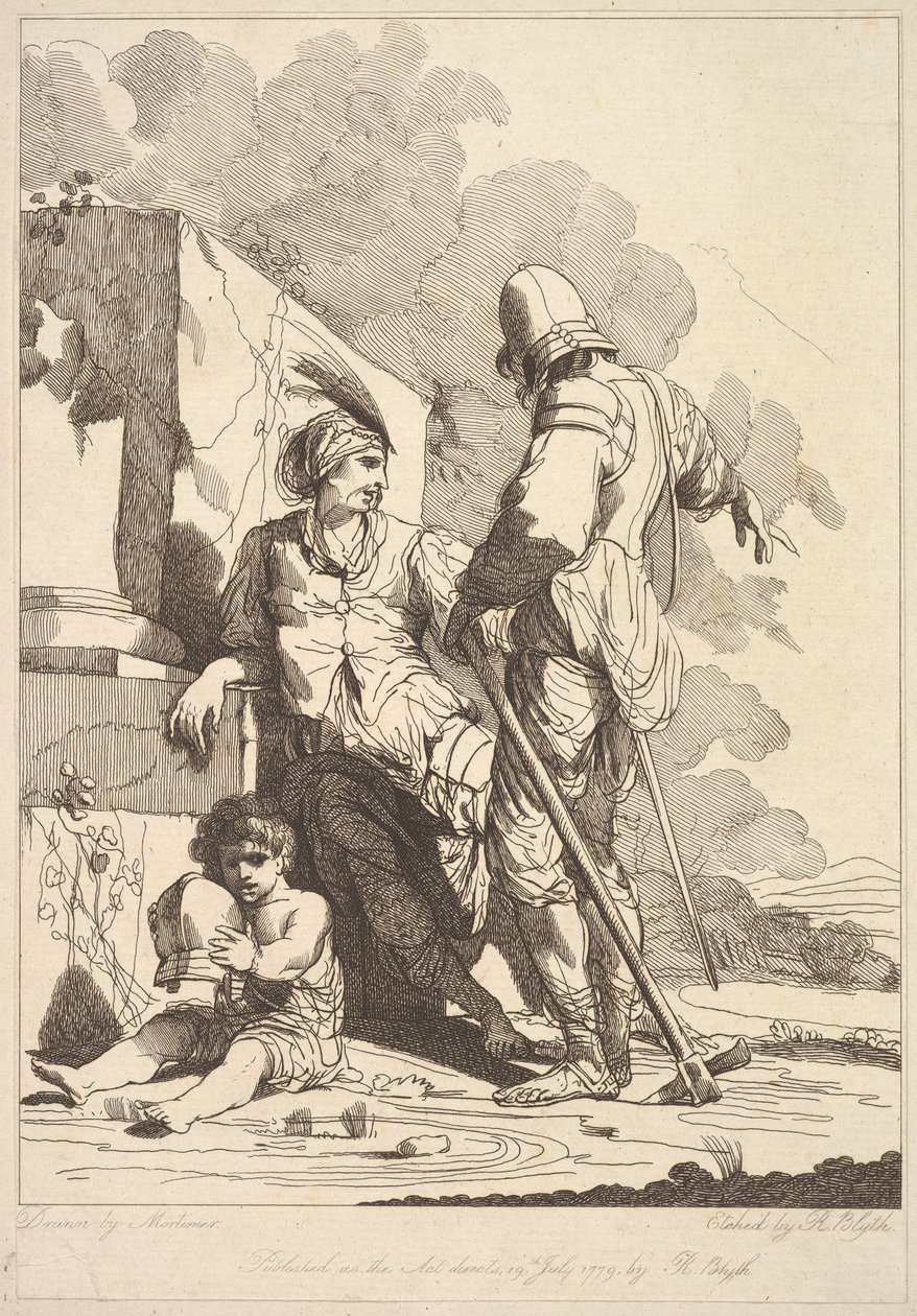 Kaksi sotilasta ja lapsi kypärää kädessään, 19. heinäkuuta 1779. tekijältä Robert Blyth