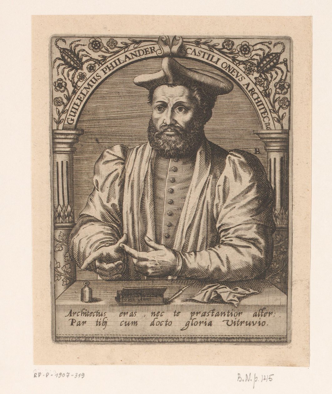 Guillaume Philandrierin muotokuva Guilelmus Philander Castili oneus architectus (otsikko esineessä) Sarja muotokuvia 1400- ja 1500-luvun tutkijoista (sarjan nimi) tekijältä Robert Boissard