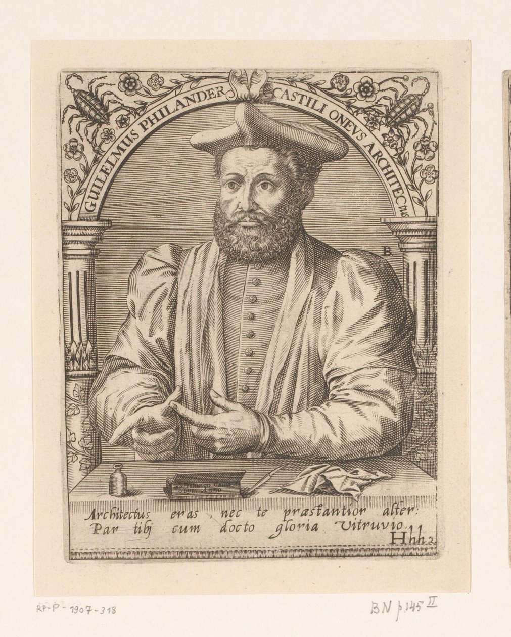 Guillaume Philandrierin muotokuva Guilelmus Philander Castili oneus architectus (otsikko esineessä) Sarja muotokuvia 1500- ja 1600-luvun tutkijoista (sarjan nimi) tekijältä Robert Boissard