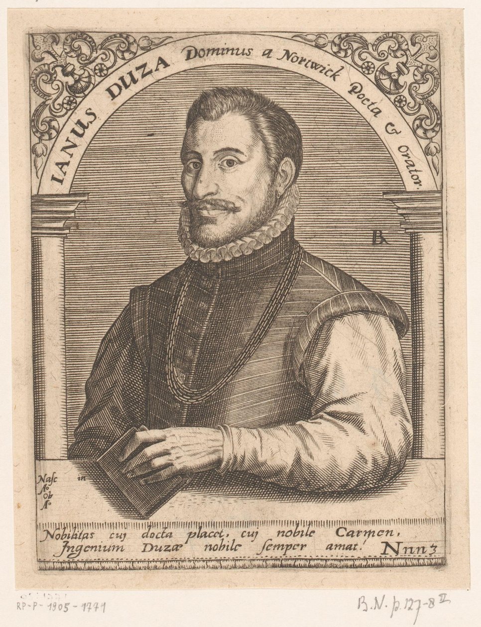 Janus Dousan muotokuva Janus Duza Dominus Nortwickin runoilija ja puhuja. (otsikko esineessä) Sarja muotokuvia 1400- ja 1500-luvun tutkijoista (sarjan nimi) tekijältä Robert Boissard
