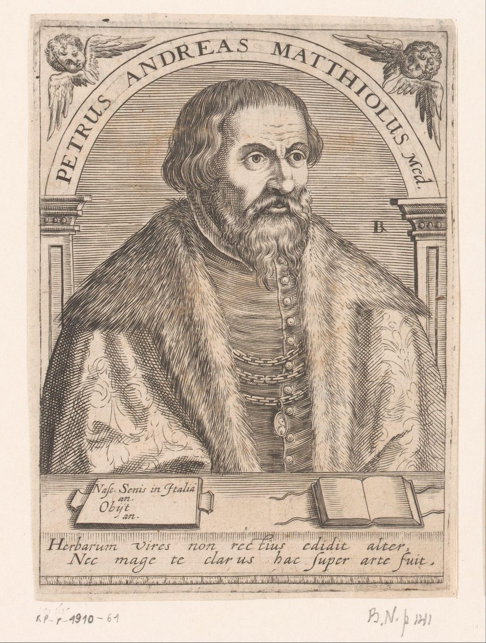 Pietro Andrea Mattiolin muotokuva Peter Andrew Matthews Med. (otsikko esineessä) Sarja muotokuvia 1400- ja 1500-luvun tutkijoista (sarjan nimi) tekijältä Robert Boissard