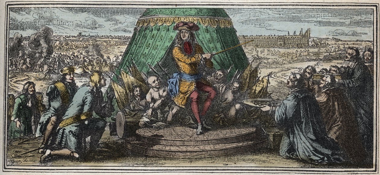 Les Invalidesin rakentaminen vuonna 1670 - Allegoria Hotel des Invalidesin perustamisesta - Ludvig XIV näyttää vanhoille sotilailleen rakenteilla olevaa Hotel des Invalides -kaiverrusta, jonka on kirjoittanut Robert Bonnart (1652-1729) tekijältä Robert Bonnard