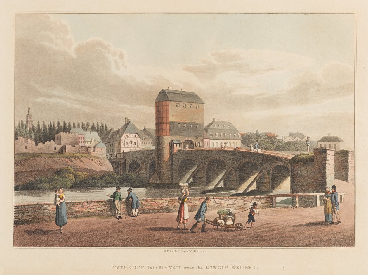Sisäänkäynti Hanauhun Kinzigin sillan yli, 1814 (akvatinta) tekijältä Robert Bowyer