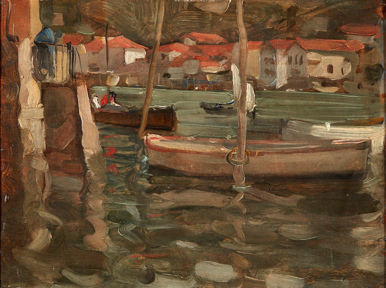 Soutuveneet satamalaiturilla, Concarneau (öljy paneelissa) tekijältä Robert Brough