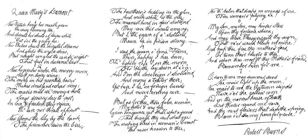 Queen Marys Lament, runo Robert Burnsin käsialalla, 1700-luvun loppu, 1840 tekijältä Robert Burns