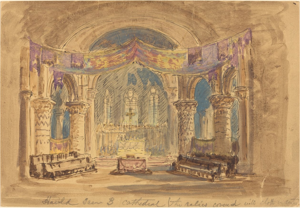 "Harold Scene 3 Cathedral (keskellä kankaalla peitetyt jäännökset)" tekijältä Robert Caney