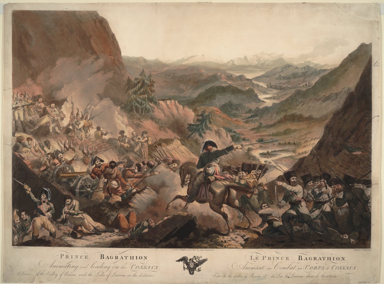 Prinssi Bagration johdattaa kasakat hyökkäämään Alpeille vuonna 1805 tekijältä Robert Carr Porter
