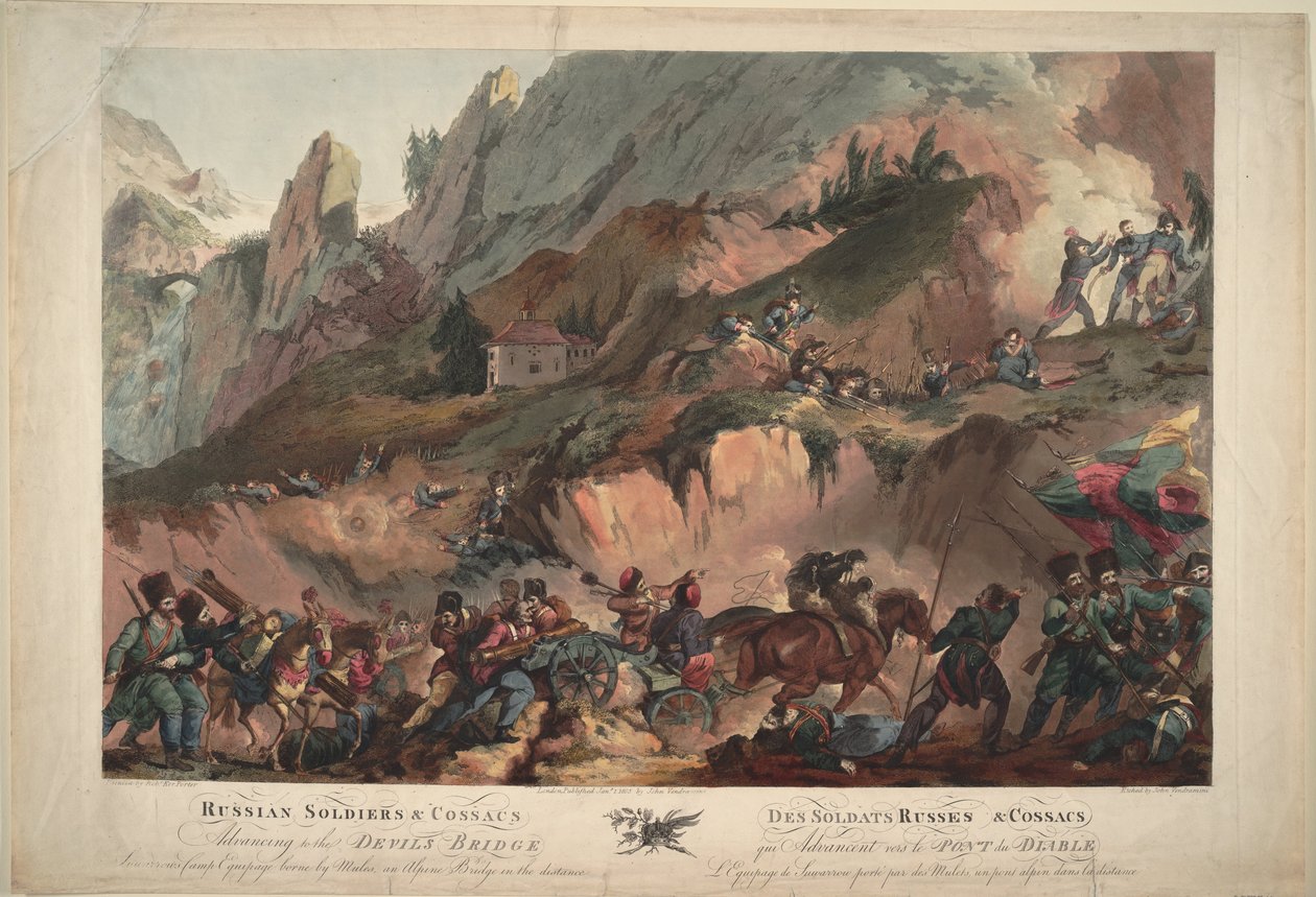 Venäjän armeija ylitti Paholaisen sillan vuonna 1799, 1804 tekijältä Robert Carr Porter