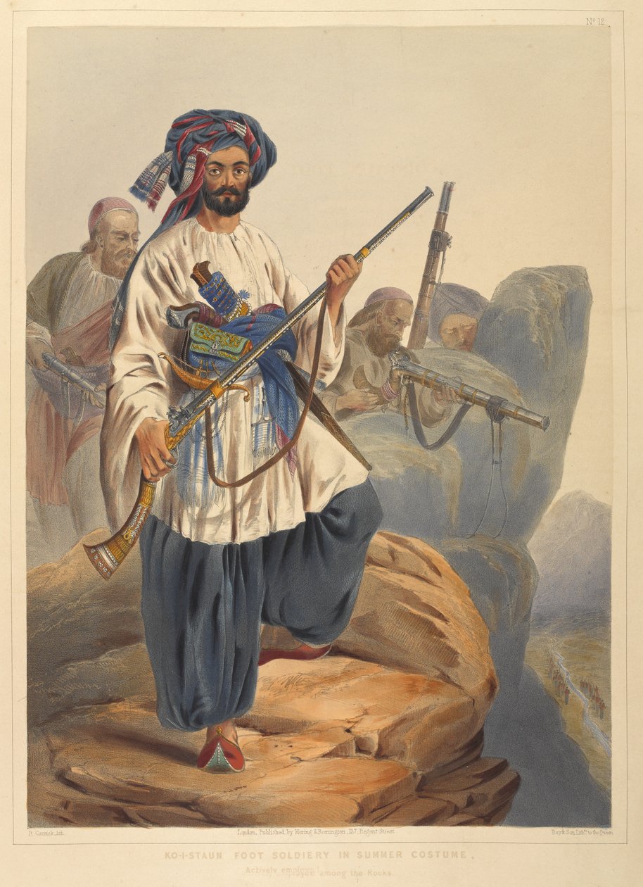 Ko-i-Staun jalkasotilas kesäasussa, aktiivisesti kivien seassa (väri litho) tekijältä Robert Carrick