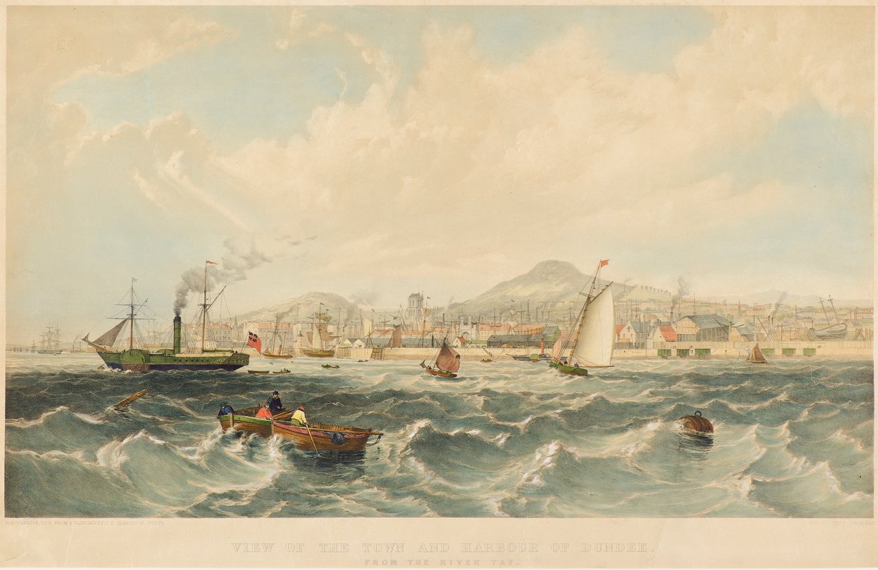 Näkymä Dundeen kaupunkiin ja satamaan, n. 1850 (litografia) tekijältä Robert Carrick