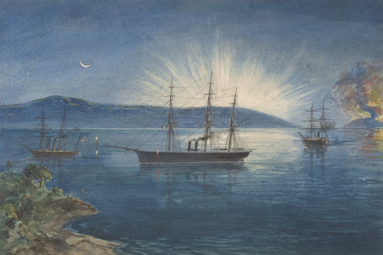 The Bay of Bull Arms, Trinity Bay, Newfoundland, kukkuloilla sytytetyt kokot ilmoittamaan..., 1865-66 tekijältä Robert Charles Dudley