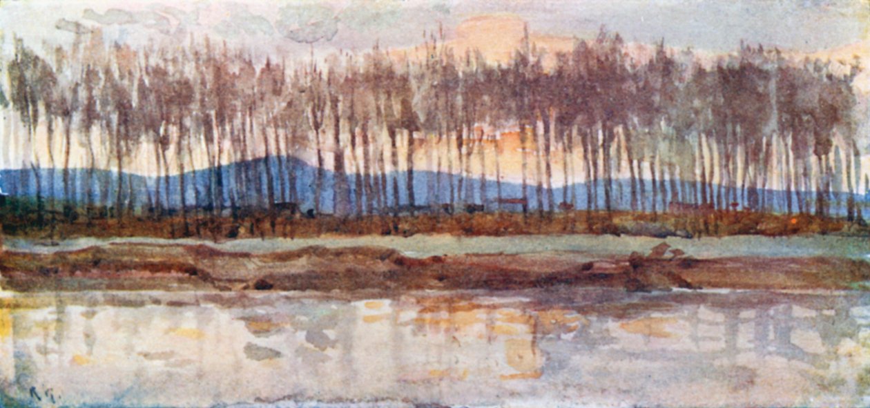 Arno-joen rannat iltahämärässä (värilitografia) tekijältä Robert Charles Goff