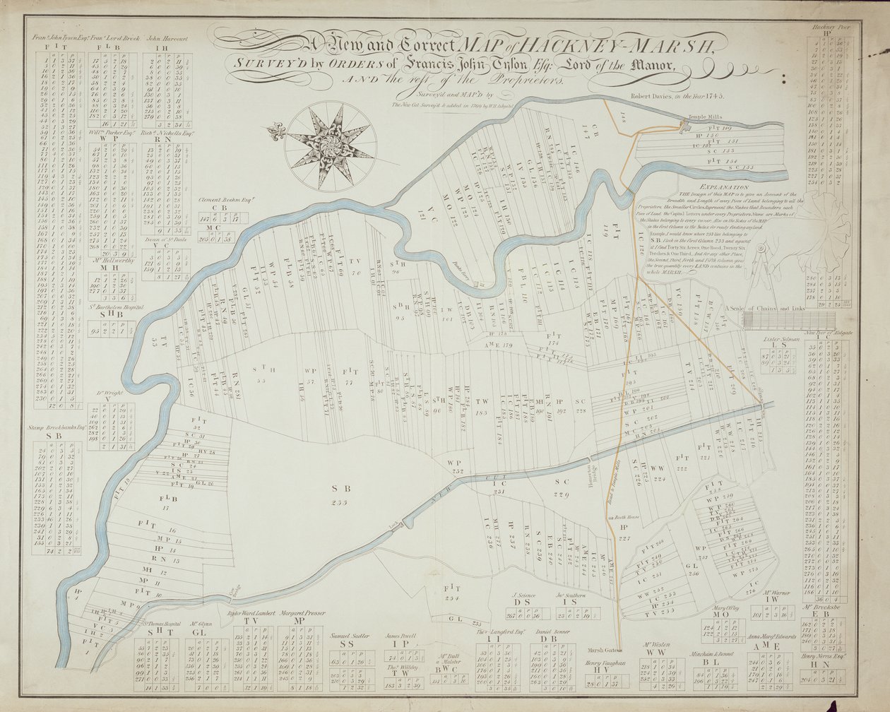 Uusi ja oikea kartta Hackney Marshista, 1745 tekijältä Robert Davies