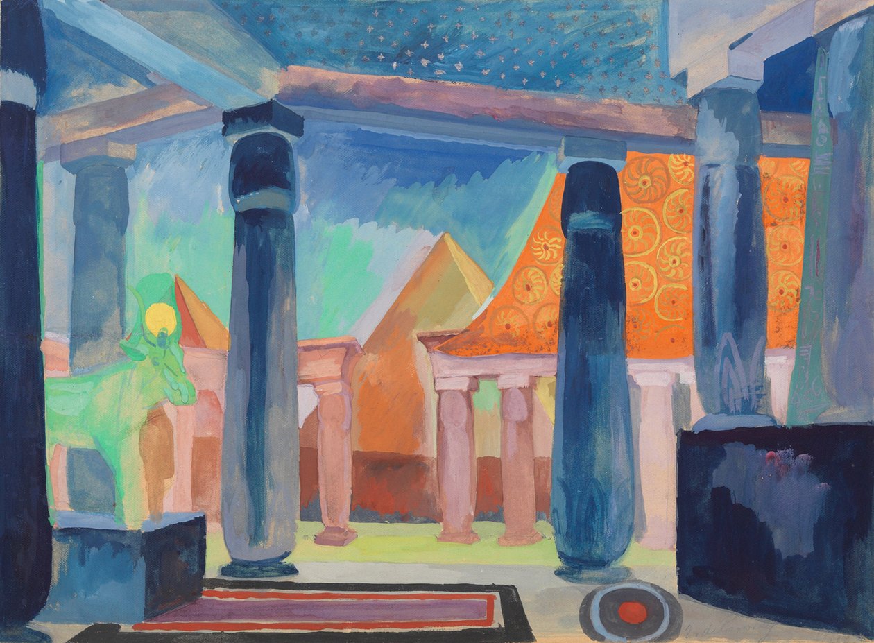 Lavastus Cleopatralle, n. 1918 (akvarelli, guassi, metalliväri ja grafiitti paperille) tekijältä Robert Delaunay