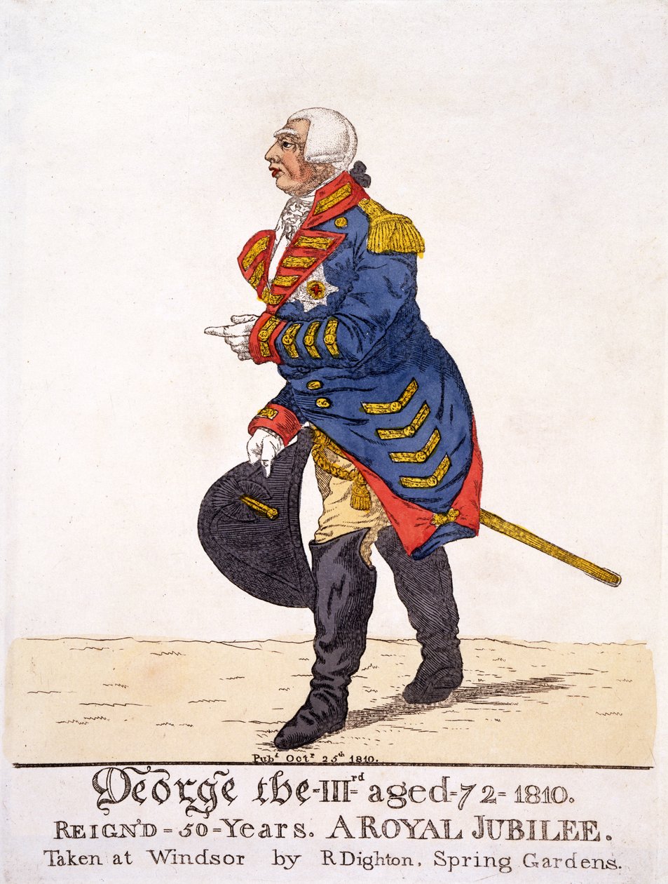 Brittiläinen George III vuonna 1810 Fifty Year Jubilee -juhlallaan, R Dightonin painatus Windsorissa pubissa tehdyn oman piirustuksensa mukaan. 25. lokakuuta 1810 (värilitografia) tekijältä Robert Dighton
