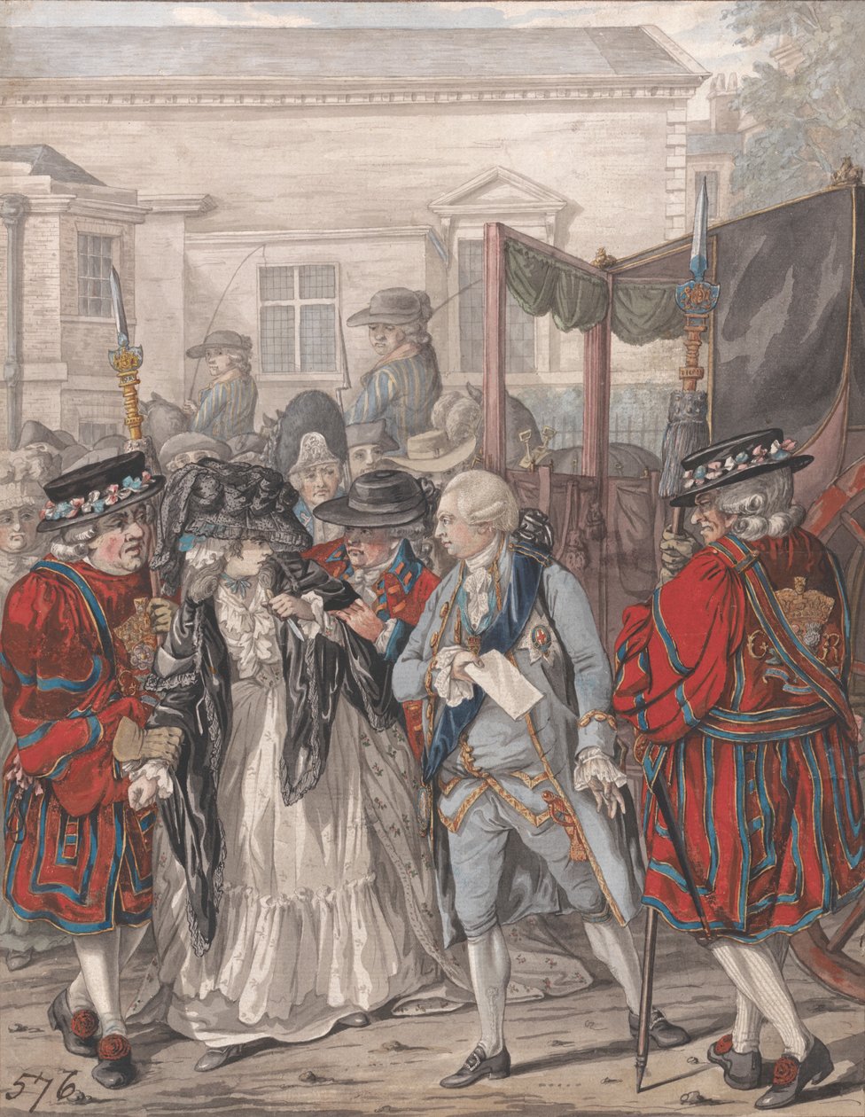 Margaret Nicholson yrittää murhata Hänen Majesteettinsa George III:n St. Jamesin palatsin puutarhan sisäänkäynnillä, 2. elokuuta 1786 tekijältä Robert Dighton