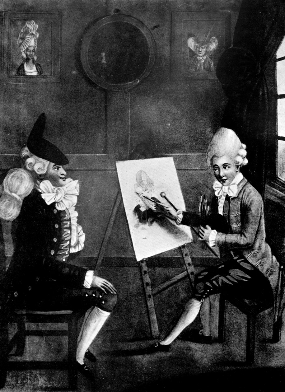 Makaronimaalari eli Billy Dimple istuu kuvassaan, 1770 tekijältä Robert Dighton