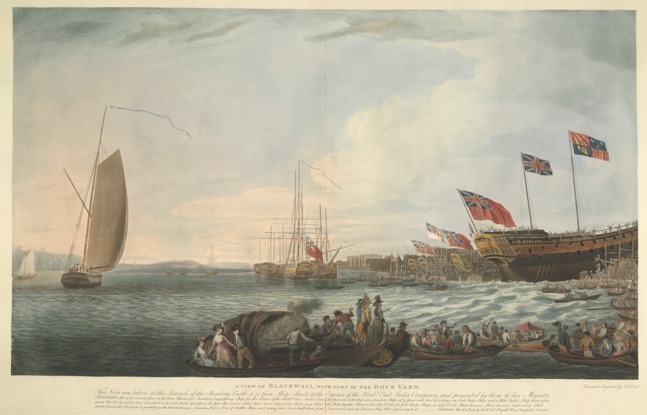 Näkymä Blackwallista, osa telakalla, Bombayn linnan laukaisuhetkellä, 74 tykkiä, rakennettu Honkonen kustannuksella. East India Company ja esittivät sen Hänen Majesteettilleen kesäkuussa 1782 tekijältä Robert Dodd