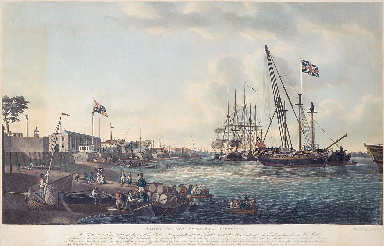 Näkymä Royal Dockyardista Deptfordissa, n. 1789 tekijältä Robert Dodd