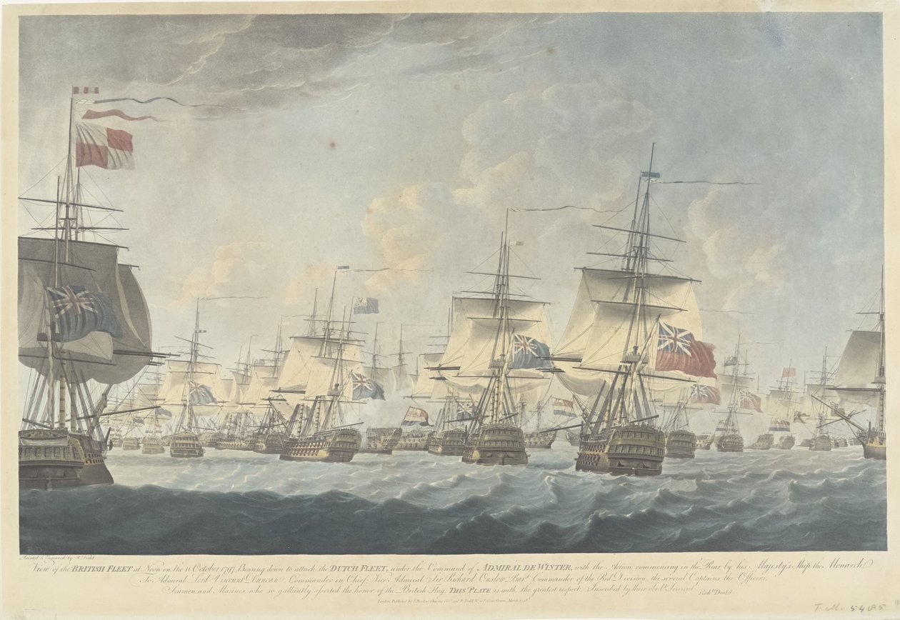 Kamperduinin taistelu (1797): Britannian laivaston hyökkäys Näkymä Britannian laivastosta keskipäivällä 11. lokakuuta 1797, laskeutumassa hyökkäämään Alankomaiden laivastoa vastaan ​​(...) (otsikko esineessä) tekijältä Robert Dodd