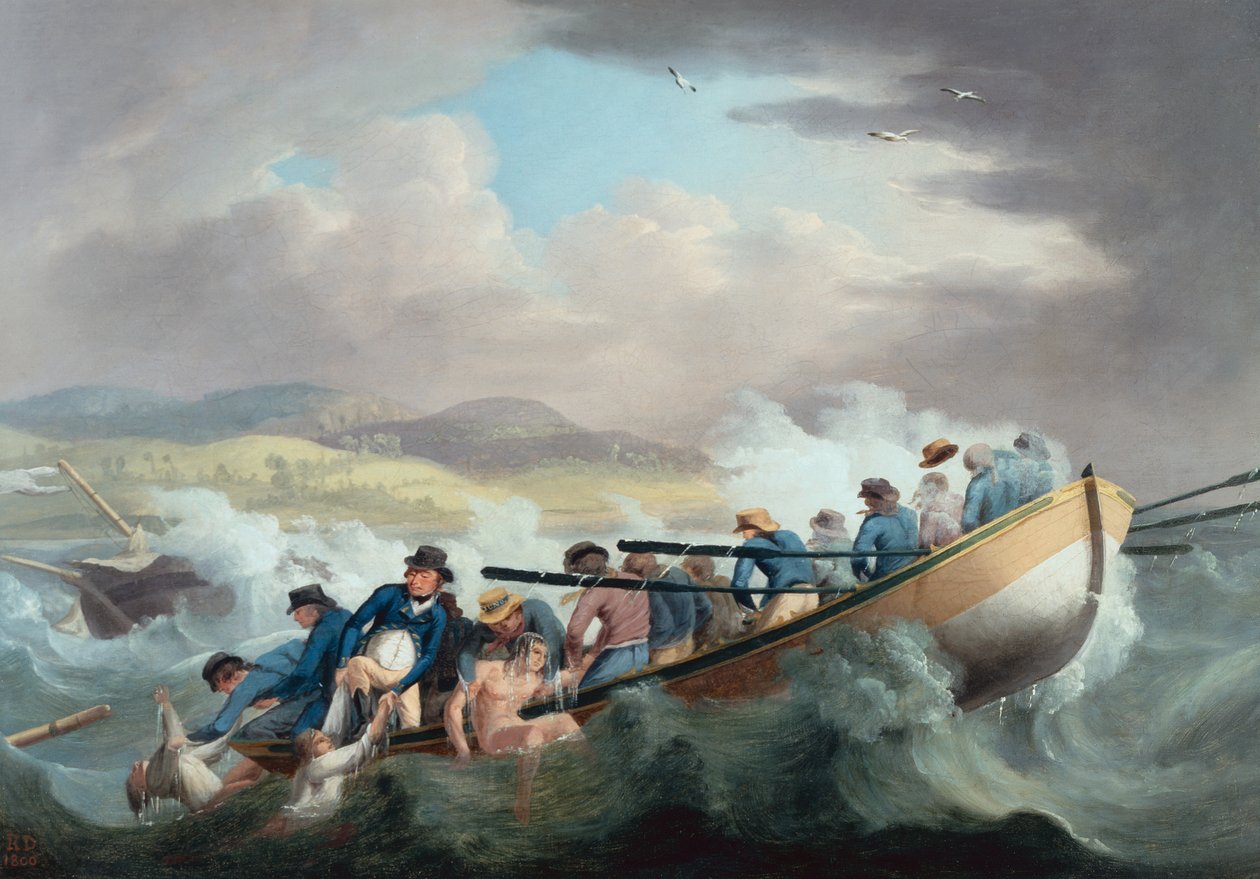H.M.S.:n miehistö pelasti eloonjääneet haaksirikosta Isle of Wightin edustalla. Juno tekijältä Robert Dodd