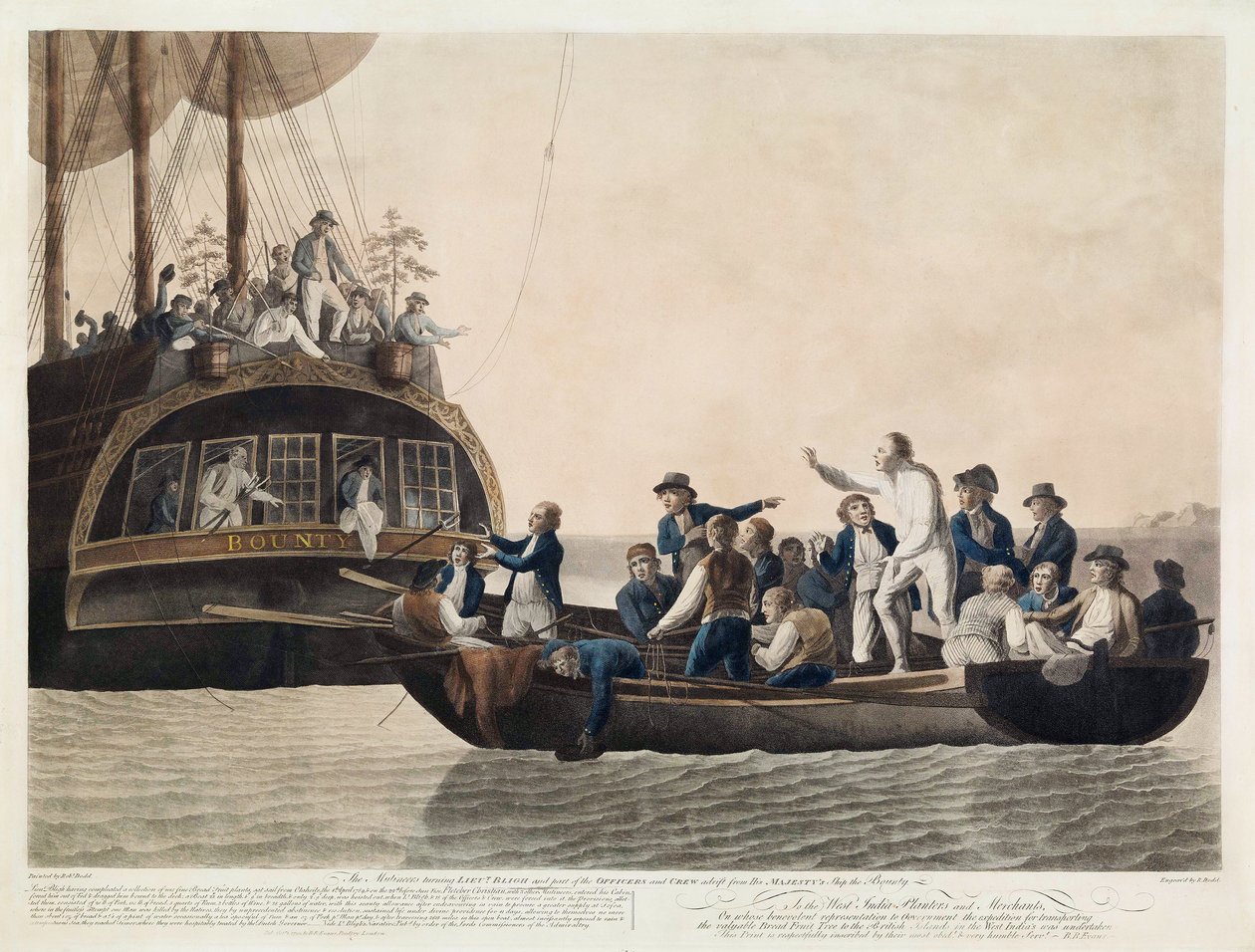 Kapinalliset muuttivat luutnantti Blighin ja osan upseereista ja miehistön Adrift, 29. huhtikuuta 1789, pub. 1790 tekijältä Robert Dodd