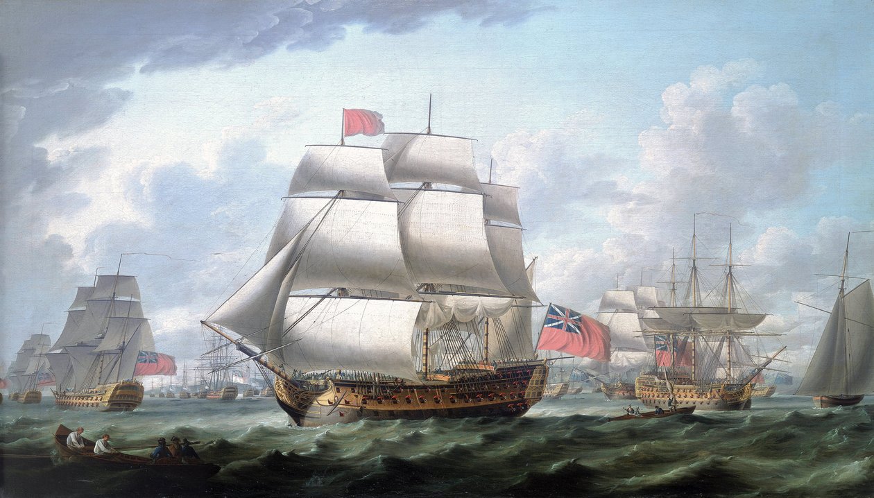 Victory lähdössä Spitheadista (Englanti), päässään punainen lippu ja Rougesin vara-amiraalin lippu, oikealla kolmimastoinen Queen Charlotte -alukseksi tunnistettu alus tekijältä Robert Dodd