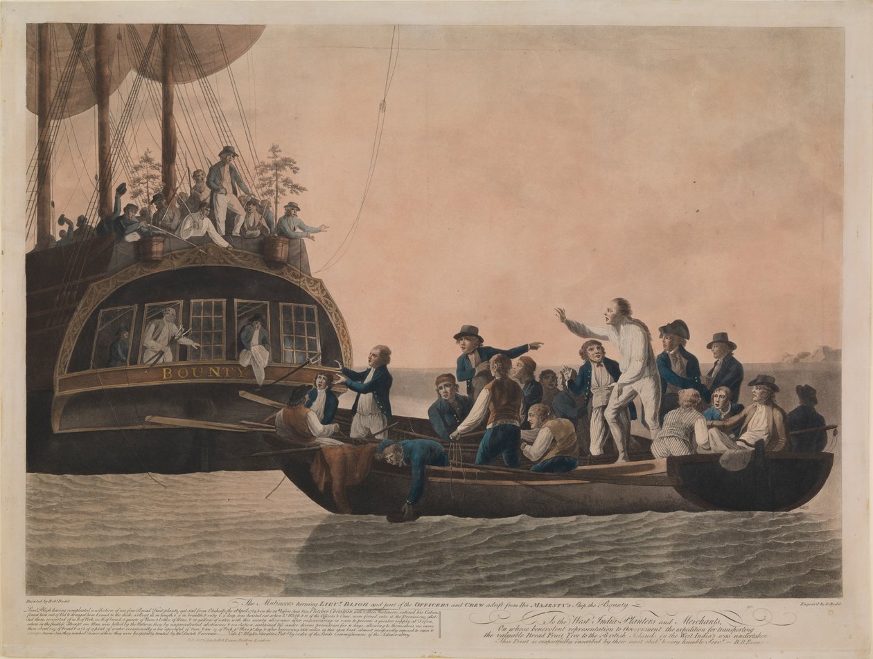 Kapinalliset käännyttävät Blighin ja hänen miehistönsä pois Bounty-alukselta 29. huhtikuuta 1789. tekijältä Robert Dodd