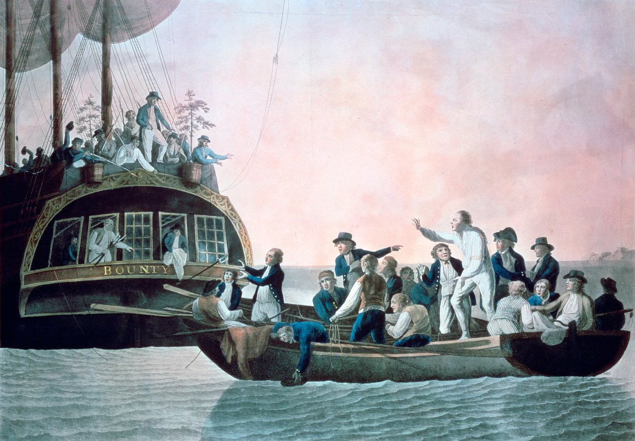 Kapinat kääntävät luutt Blighin ja miehistön ajautumassa hänen Majestystinsa Bounty-alukselta, 1790 tekijältä Robert Dodd