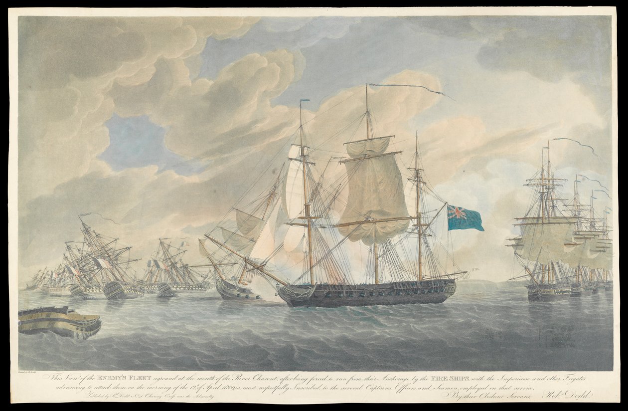 Näkymä vihollisen laivaston karilleajosta Charent-joen suulla, 1800-luvun alku (akvatintta, käsin värjätty etsaus). tekijältä Robert Dodd