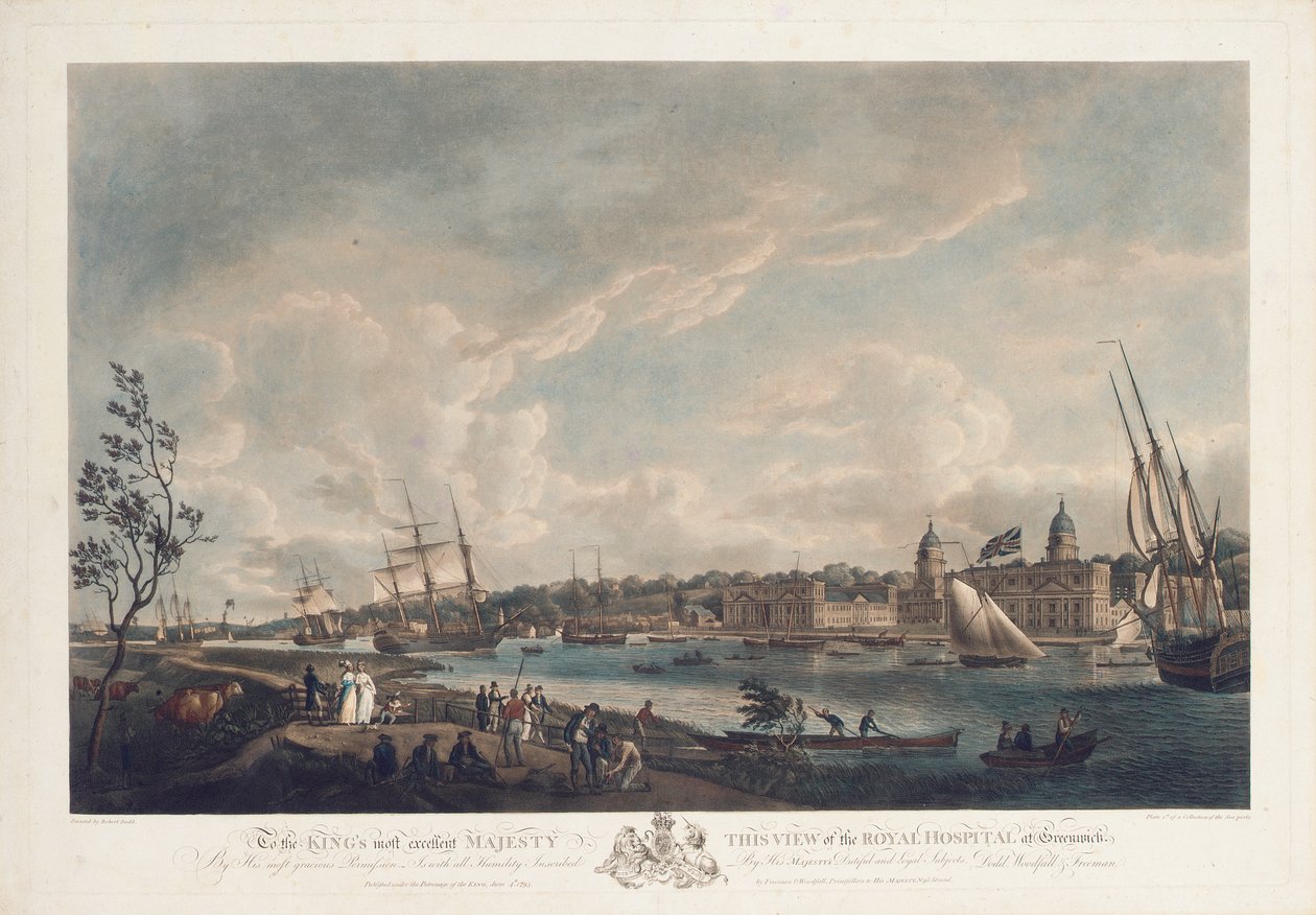 Näkymä Greenwichin kuninkaallisesta sairaalasta, 1793 tekijältä Robert Dodd