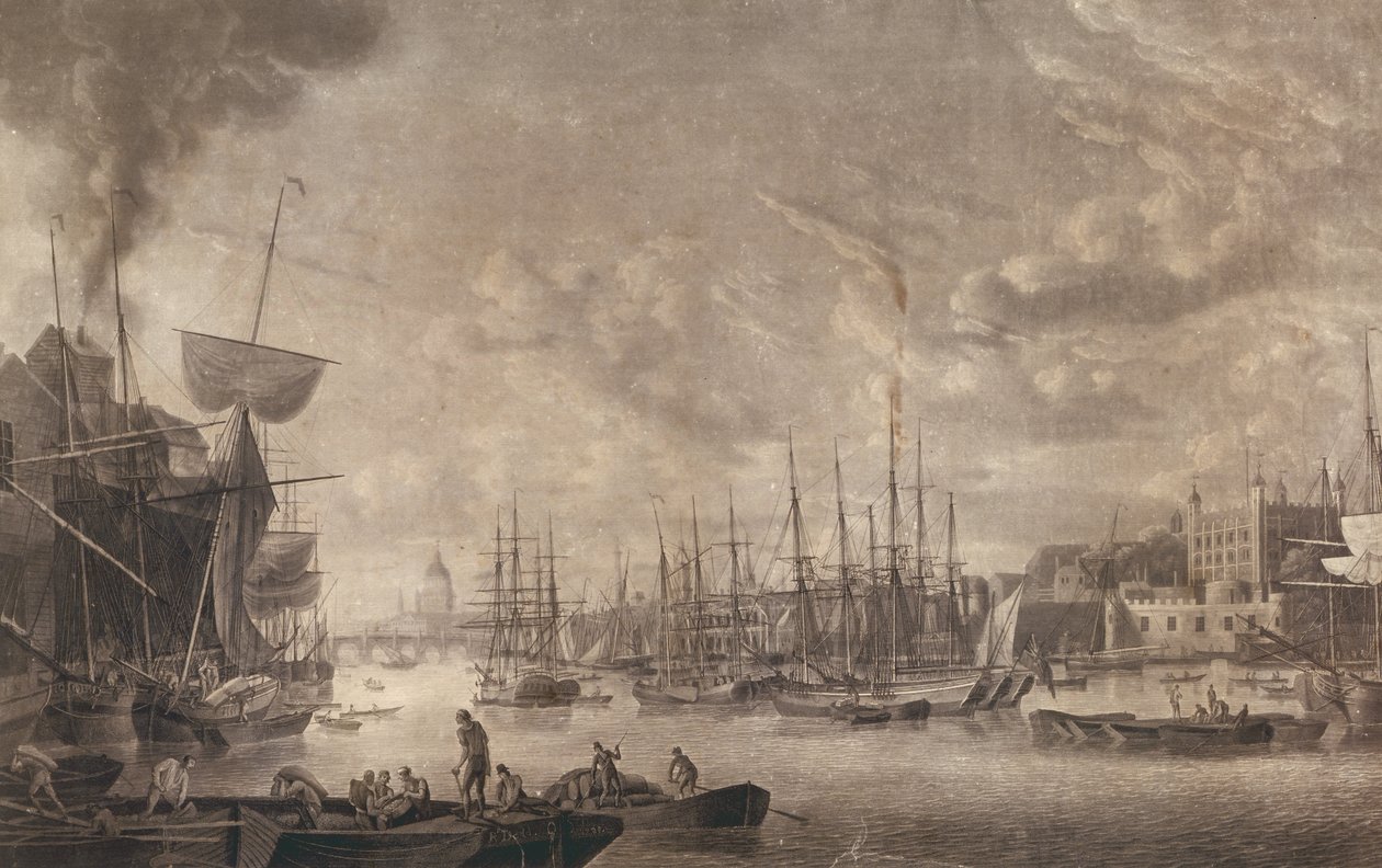 Näkymä kohti London Bridgeä veneestä, joka on kiinnitetty lähellä Tower of Londonia, 1793 (akvatinta) tekijältä Robert Dodd