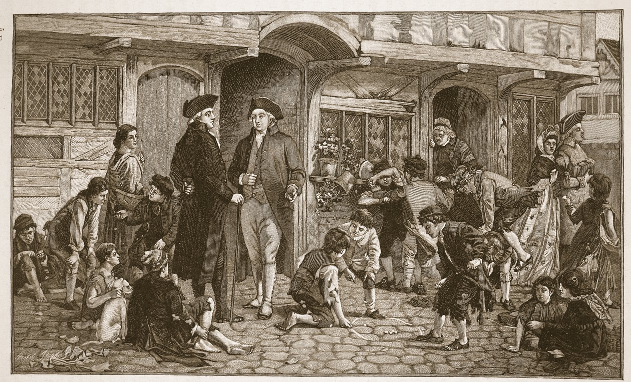 Pyhäkoulujen alkuperä: Hare Lane, Gloucester, 1780, kuvitus teoksesta "The Church of England: A History for the People", kirjoittanut H.D.M. Spence-Jones, pubi. n. 1910 (seepiavalokuva) tekijältä Robert Dowling
