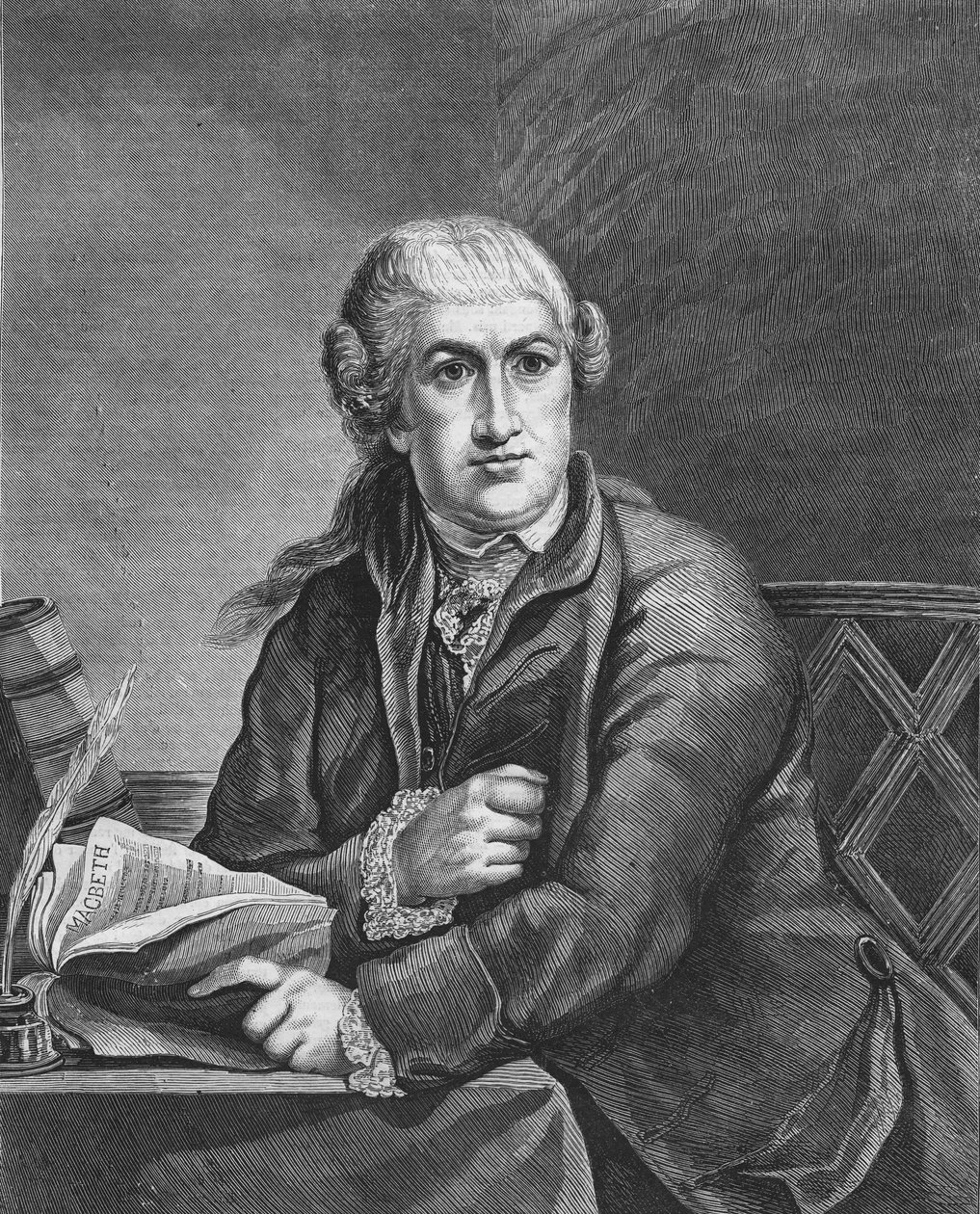 David Garrick brittiläinen näyttelijä (1717 - 1779), joka opiskelee Shakespearen Macbethin roolia; 1800-luvun kaiverrus, joka perustuu Robert-Edward Pinen maalaukseen. Bianchetti kokoelma. tekijältä Robert Edge (after) Pine