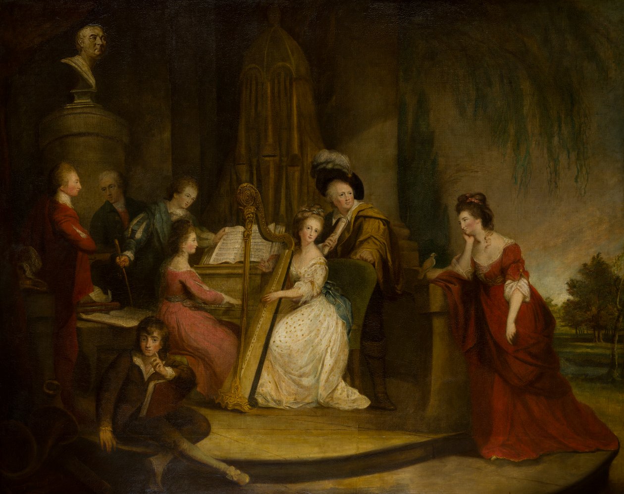 Sir Henry Bridgeman ja hänen perheensä tekevät musiikkia Händelin rintakuvan alla, n. 1762-90 (öljy kankaalle) tekijältä Robert Edge Pine