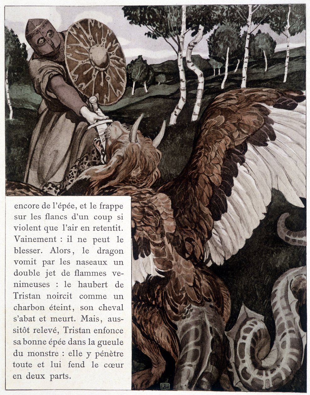 Tristany lluitant amb un drac - a "The Roman by Tristany and Iseult" de J. Bédier, il·lustrat per Robert Engels, Art Edition, Parisfinnish tekijältä Robert Engels