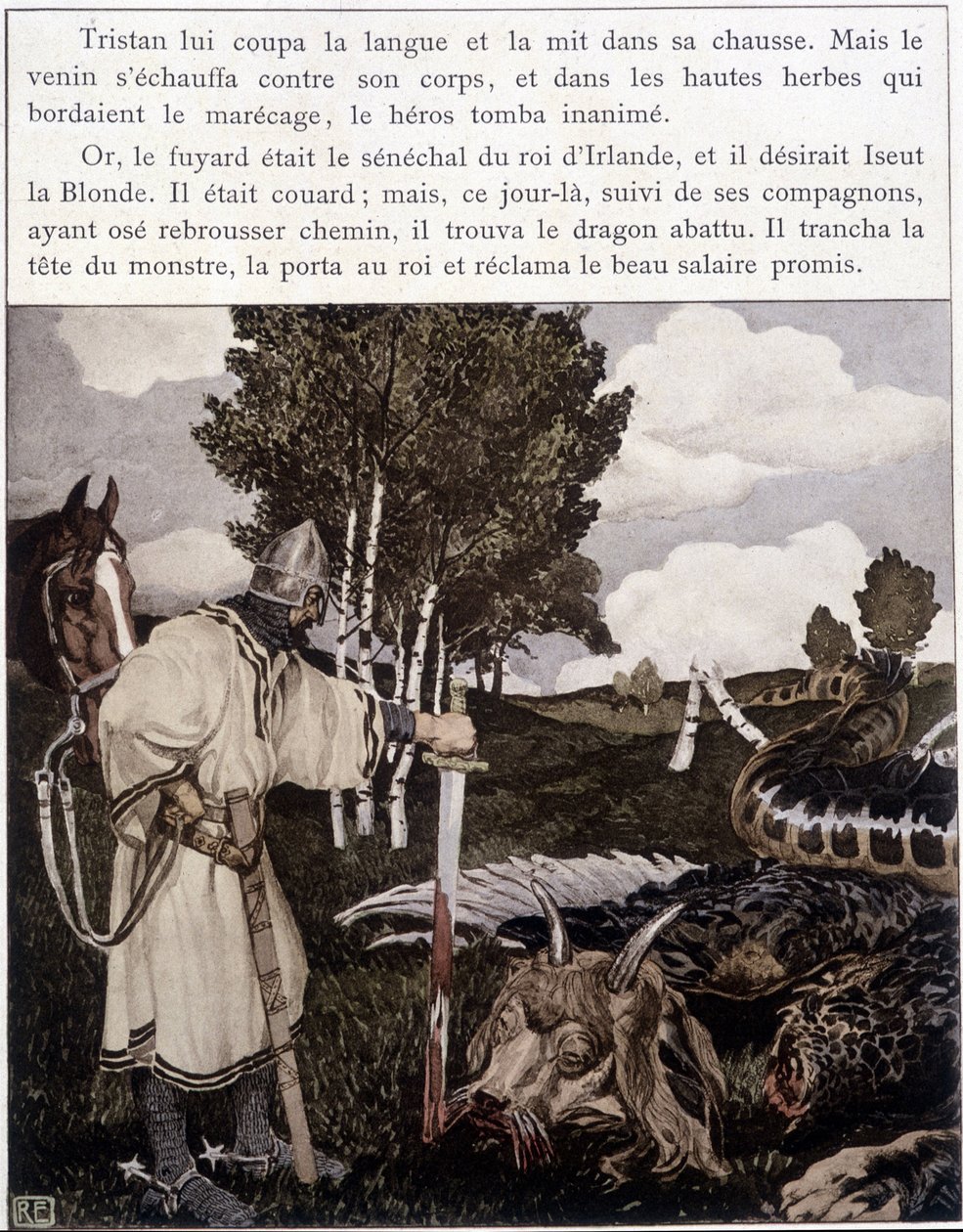 Tristan lähellä kuollutta lohikäärmettä - teoksessa Le Roman de Tristan et Iseult, kirjoittaja Bédier ill. kirjoittanut Robert Engels, toim. taide, Pariisi tekijältä Robert Engels