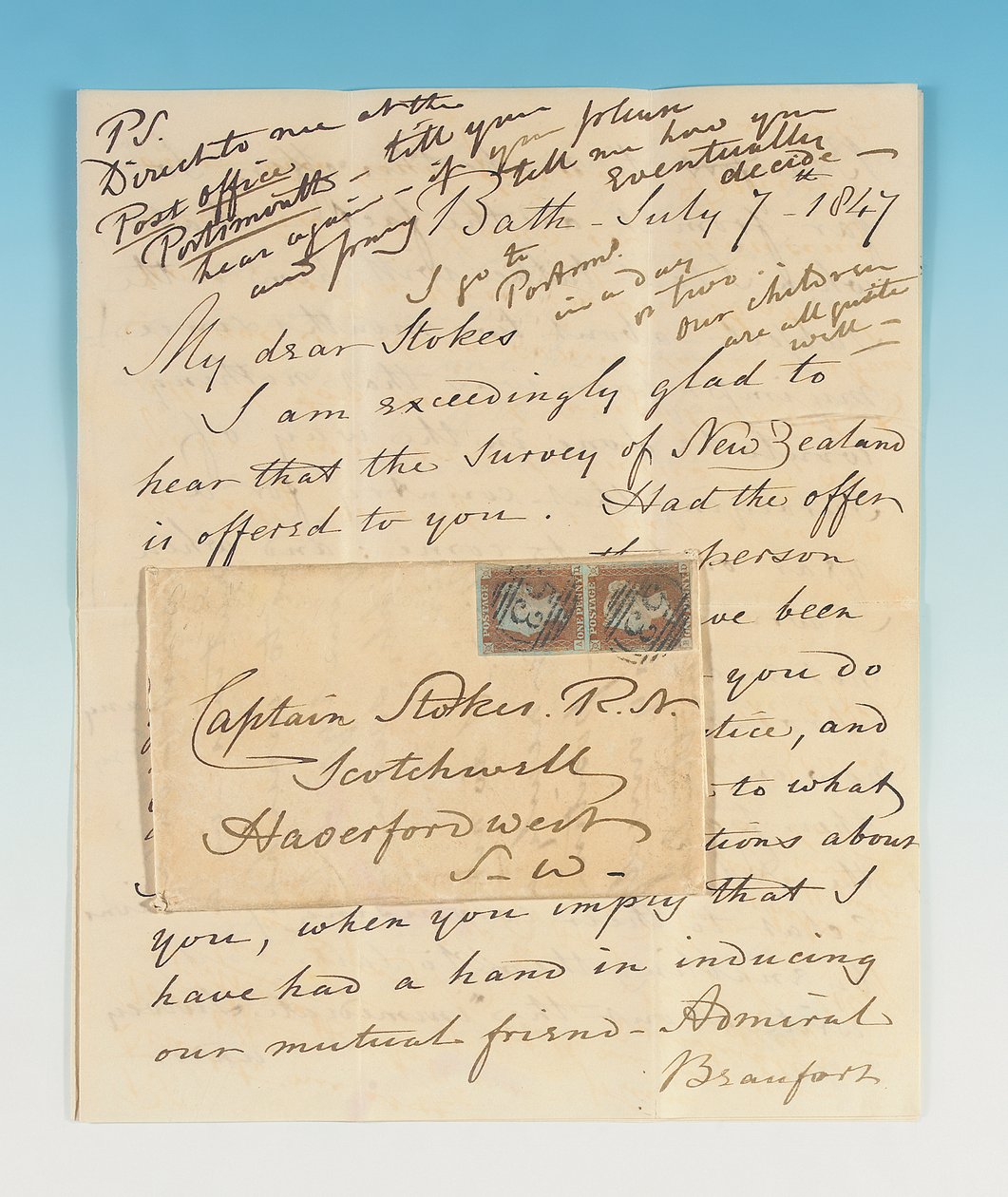 Nimikirjoituskirje John Lort Stokesille, Bath, 7. heinäkuuta 1847 tekijältä Robert Fitzroy