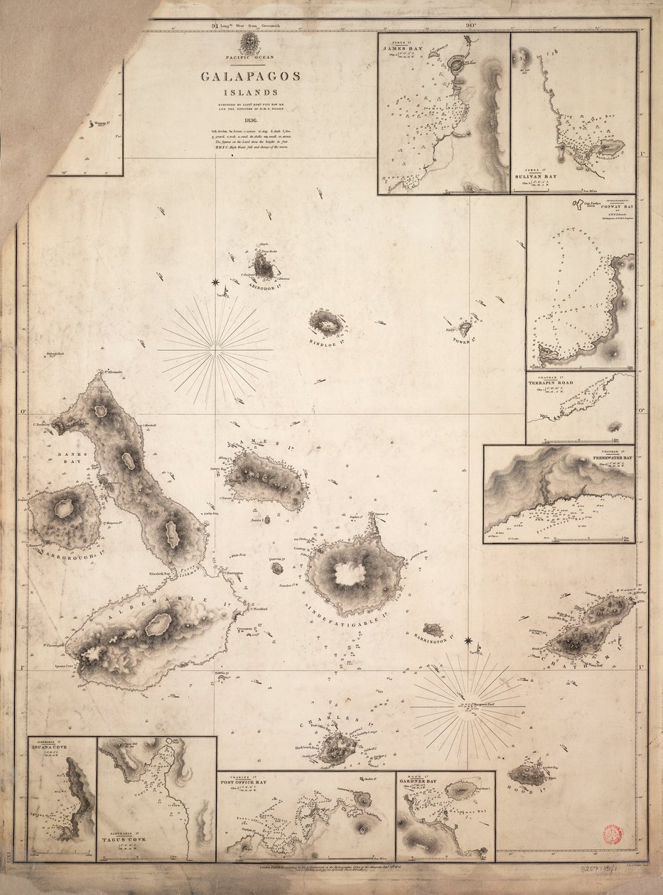 Galapagossaarten kartta, joka on kartoitettu HMS Beaglen matkan aikana. tekijältä Robert Fitzroy