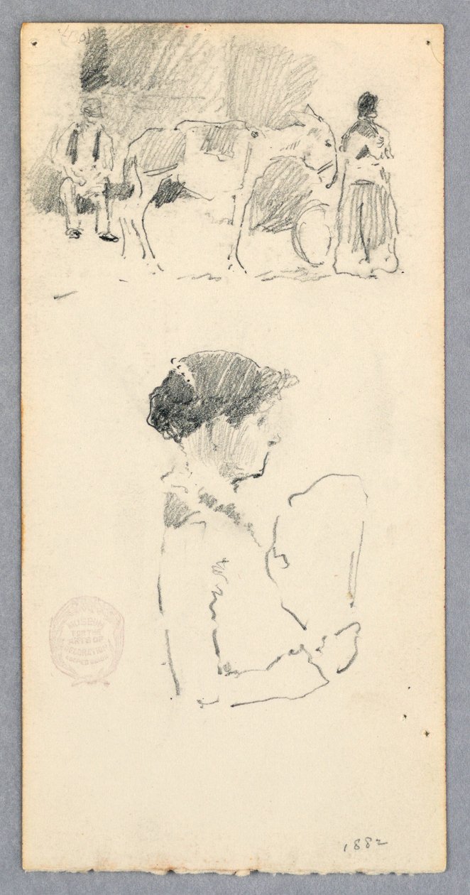 Piirros, Kohtaus, jossa on aasi ja kaksi hahmoa; nainen pitelee viuhkaa, 1882 tekijältä Robert Frederick Blum