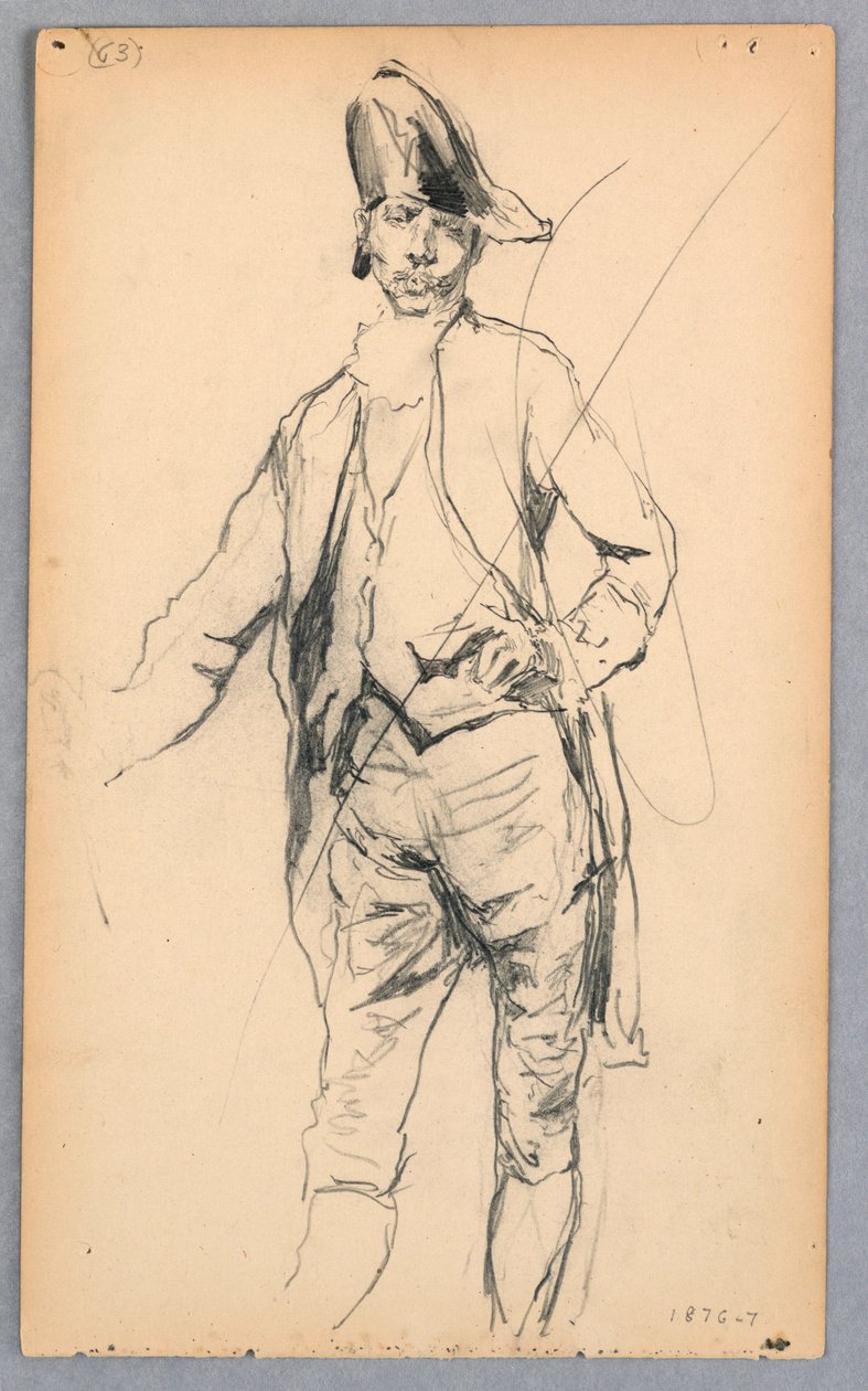 Piirros, seisova mieshahmo 1600-luvun asussa, 1876-77. tekijältä Robert Frederick Blum