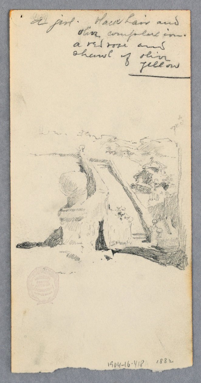 Piirros, Näkymä korkealta paikalta kaupunkiin päin (etusivu); nainen pitelee purkkia (kääntöpuoli), 1882. tekijältä Robert Frederick Blum