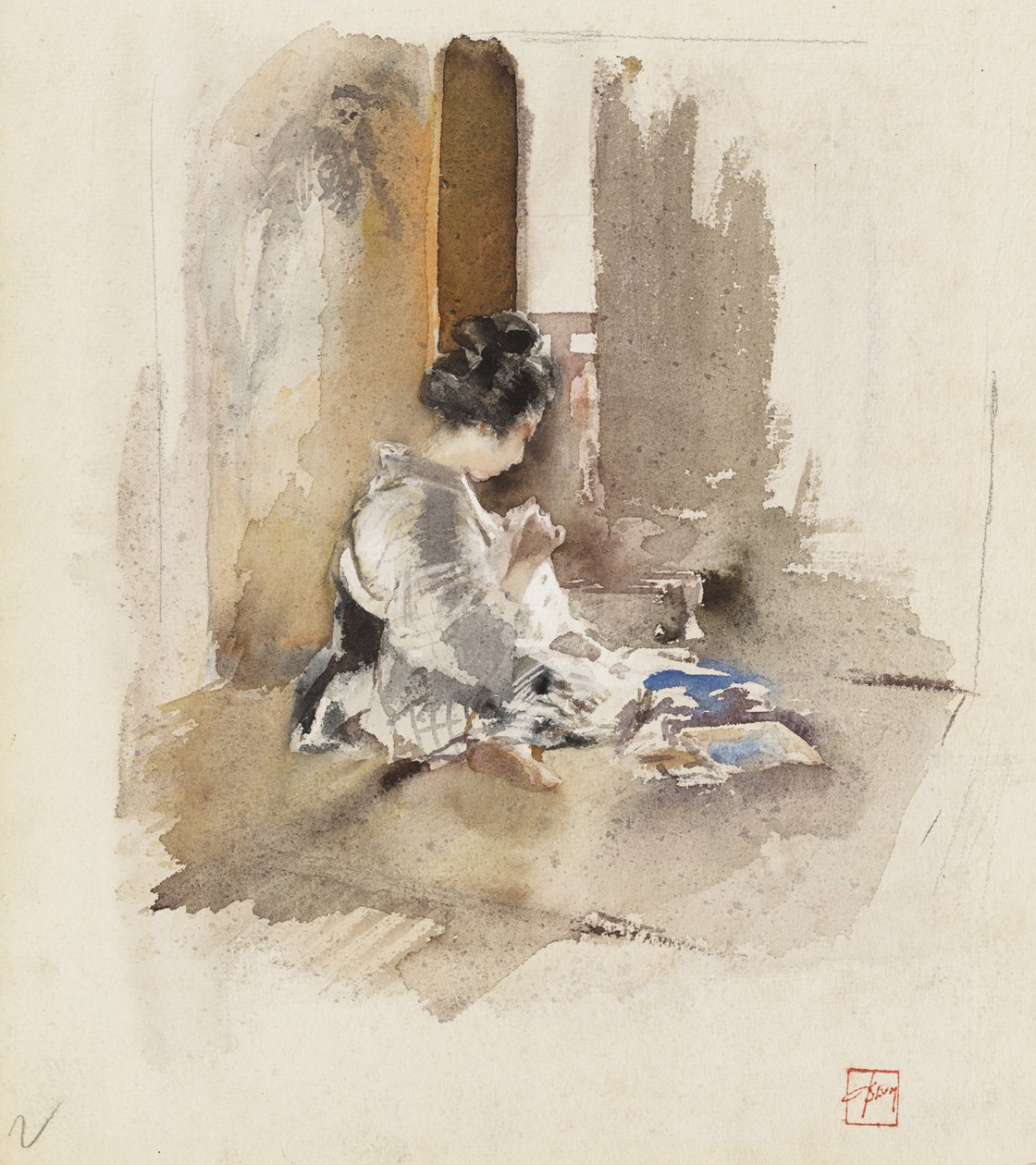 Japanilaisen tytön ompelu, 1890 tekijältä Robert Frederick Blum
